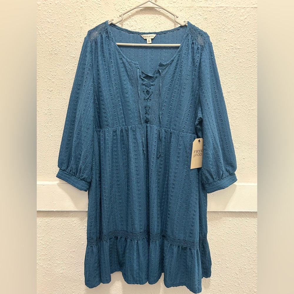 Frye and Co. Eyelet Lace 3/4 Sleeve Dress in Deep Dive NWT Size XL - Picture 3 of 8